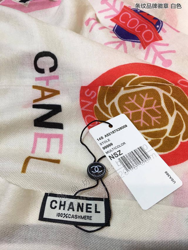 CHANEL圍巾 秋冬新款 條紋品牌徽章 香奈兒頂級純山羊絨女圍巾  llwj6743